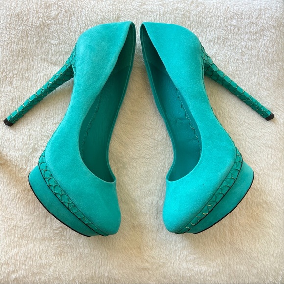 B Brian Atwood Fontanne Turquoise Ultra Suede and Snake Print Heels - Picture 2 of 8